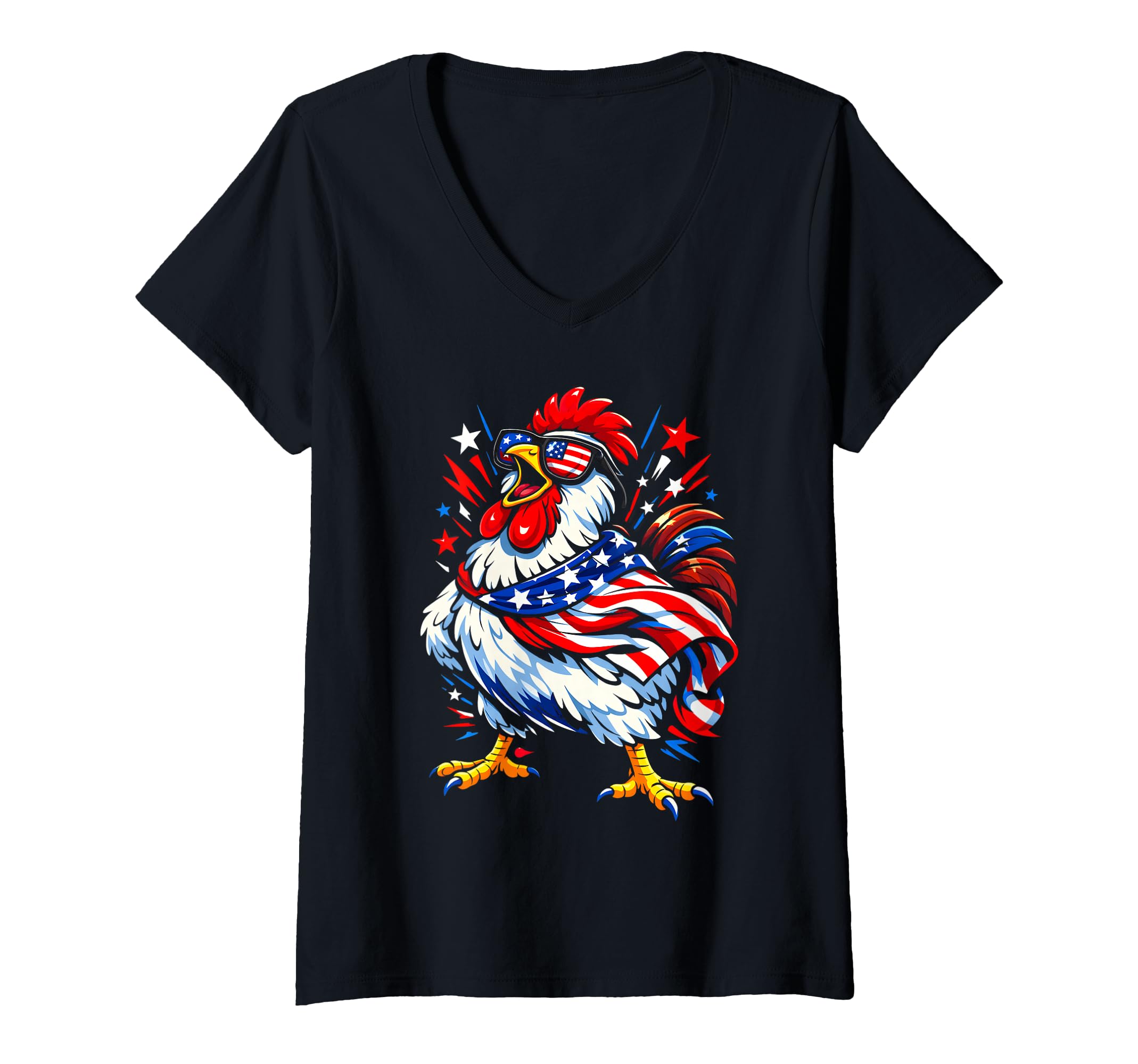 Women's Funny Patriotic 4th of July Chicken Americana USA Flag V-Neck T-Shirt