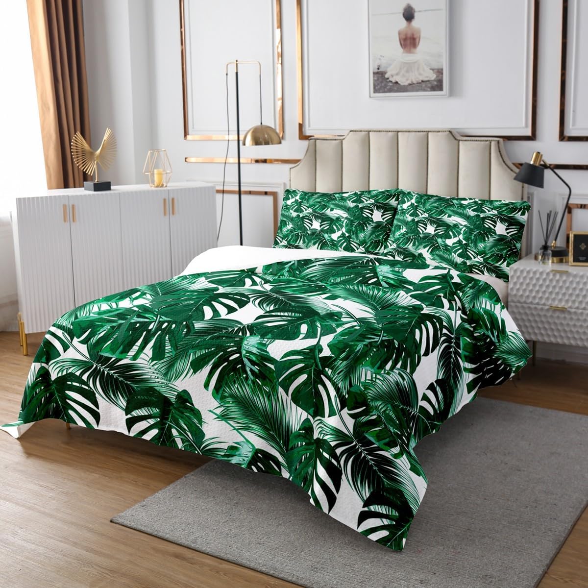 Feelyou Tropical Leaves Bedspread Twin Size Leaf Pattern Coverlet Set Palm Leaf Quilt Set Modern Botanical Bedding Cover for Boys Girls Kids Adults