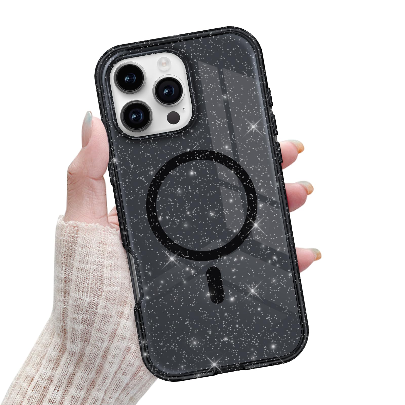 Newseego for iPhone 16 Pro Max Magnetic Case, Luxury Sparkle Bling Glitter Clear Case for Women Girls Men Full Body Drop Protection Bumper Shockproof Cover for iPhone 16 Pro Max-Black