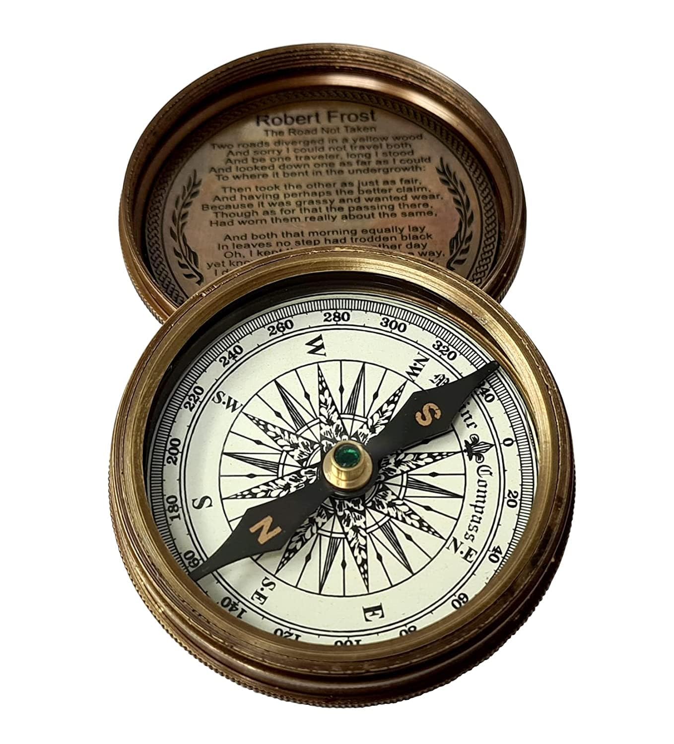 Vintage Brass Pocket Transit Compass with Engraved Robert Frost Poem for Travelers, Writers, and Adventure Outdoor-image-5