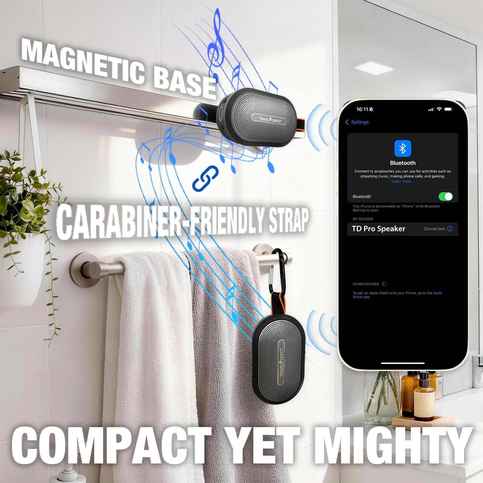 Travel Depot Enceinte Bluetooth avec son HD, base magnétique portable, sans fil, étanche IP66, jusqu'à 18 heures de lecture, jumelage TWS, BT5.3, pour la maison/fête/extérieur/plage, gadgets