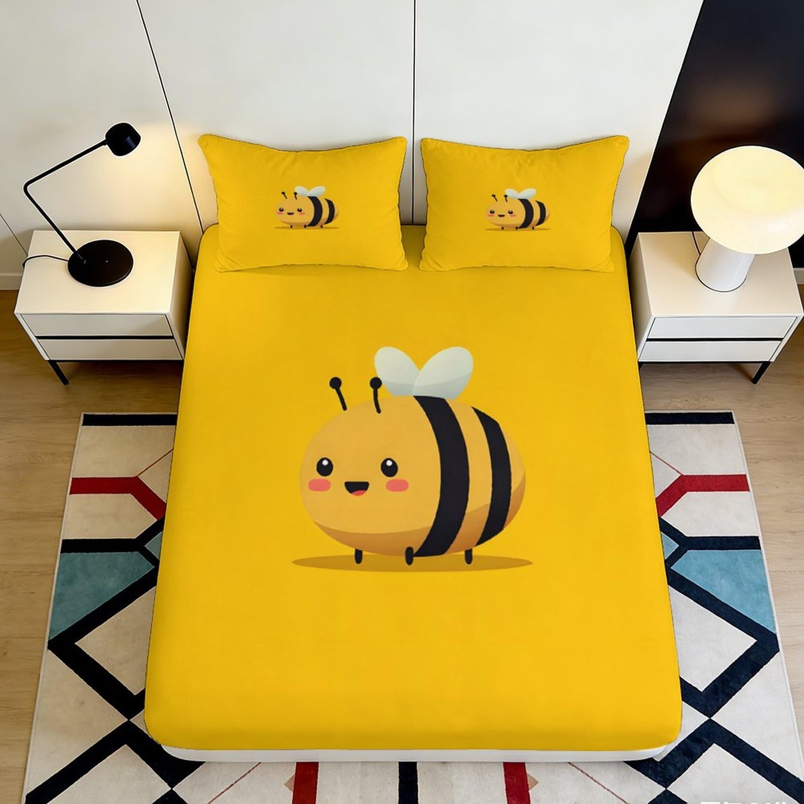 Jqzkxnhpbr Style-6 3D Printed Cute Bee Fitted Sheet Microfiber Soft Yellow Cartoon Mattress Cover For Bedroom Guest Room Dorm Decor 90X200x25cm