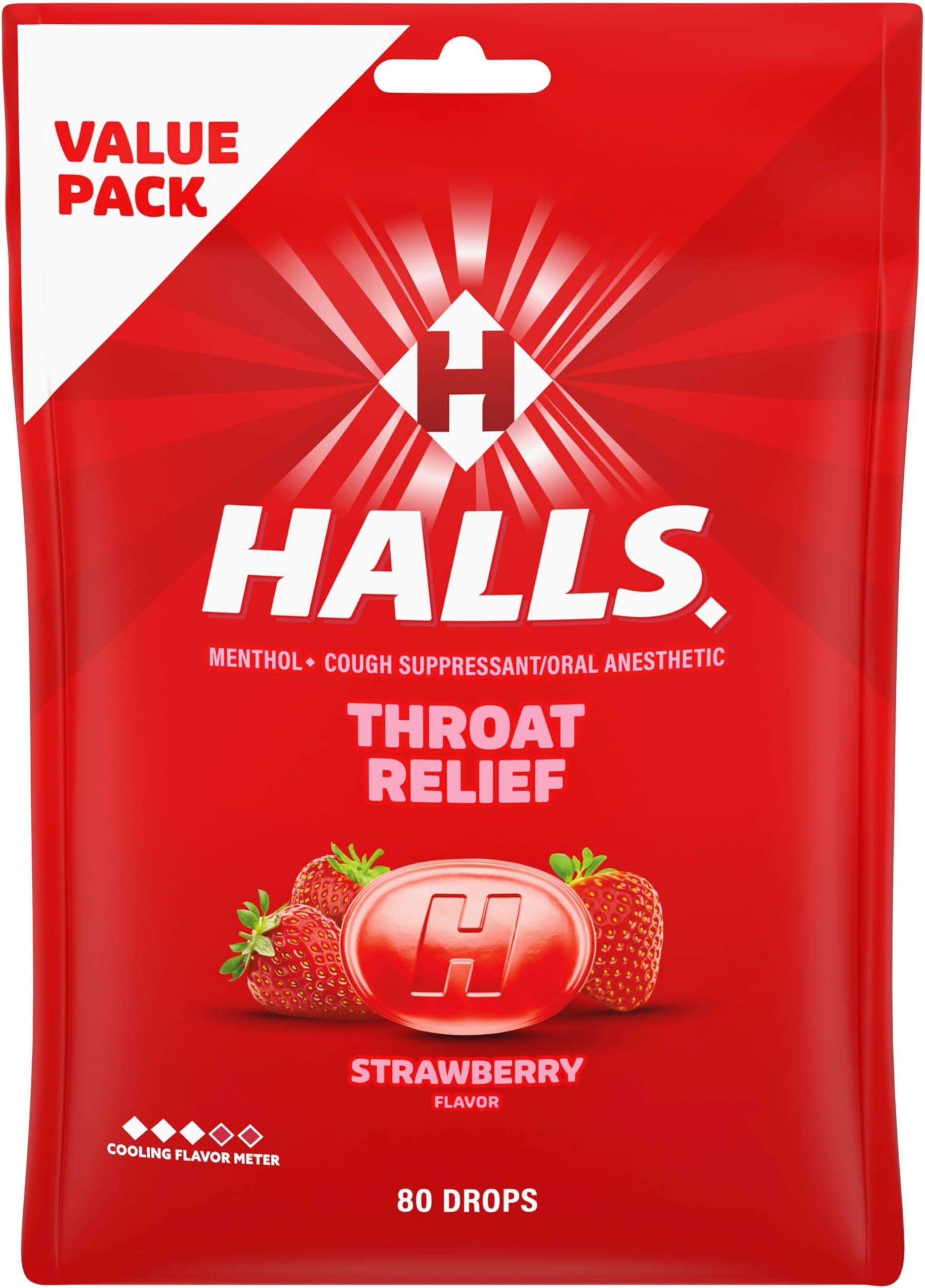 Throat Relief Strawberry Cough Drops, Value Pack, 80 Drops