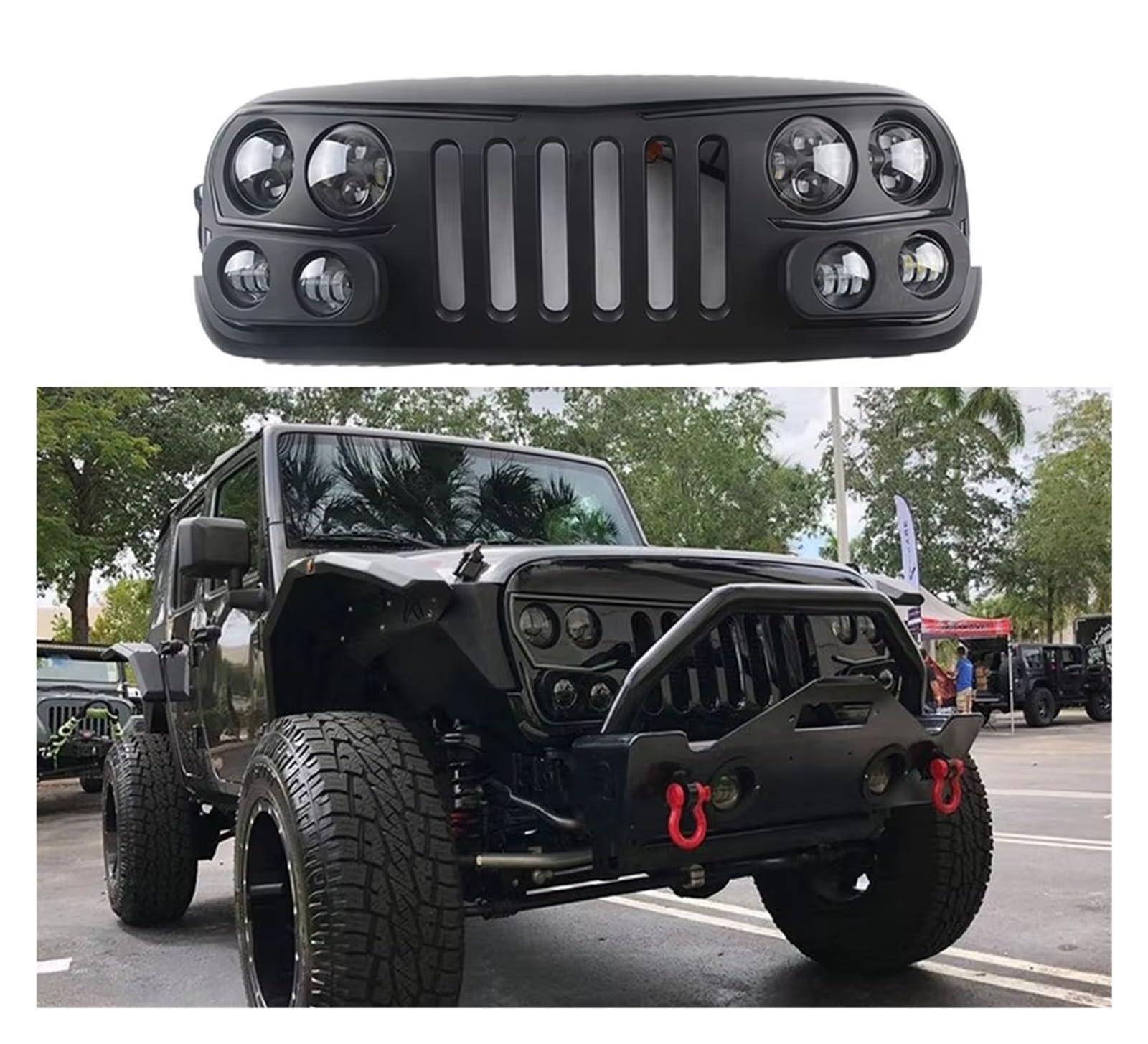 Radiateur Auto Grilles pour Jeep pour Wrangler JK 2007-2017 Racing Grill Grille Capot ABS Noir Mat Pièces Automobiles Grilles Pare-Chocs Avant Maille avec Garniture Lumières Calandres Avant