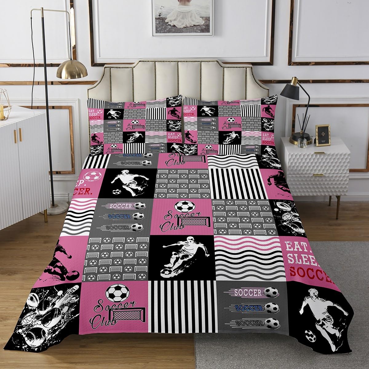 jejeloiu Football Bedspread Queen Size for Kids Teens Girls Woman Soccer Coverlet Set Ball Sports Theme Quilted Coverlet Soccer Ball Game Bedspread Cover Gaming Sports Pink and Gray