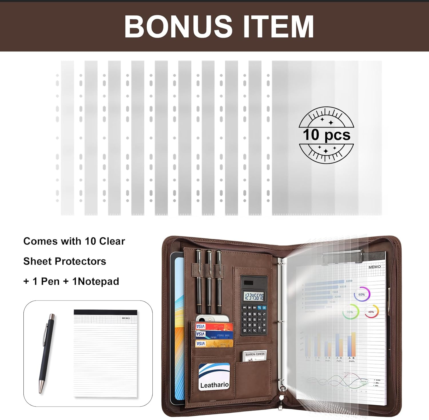 Leathario Portfolio Binder, 3-Ring Folder Organizer, Includes 10 Sheet Protectors and a Pen, Vegan Leather A4 Padfolio for Tablets, Business Conferences Professional Document Organizer