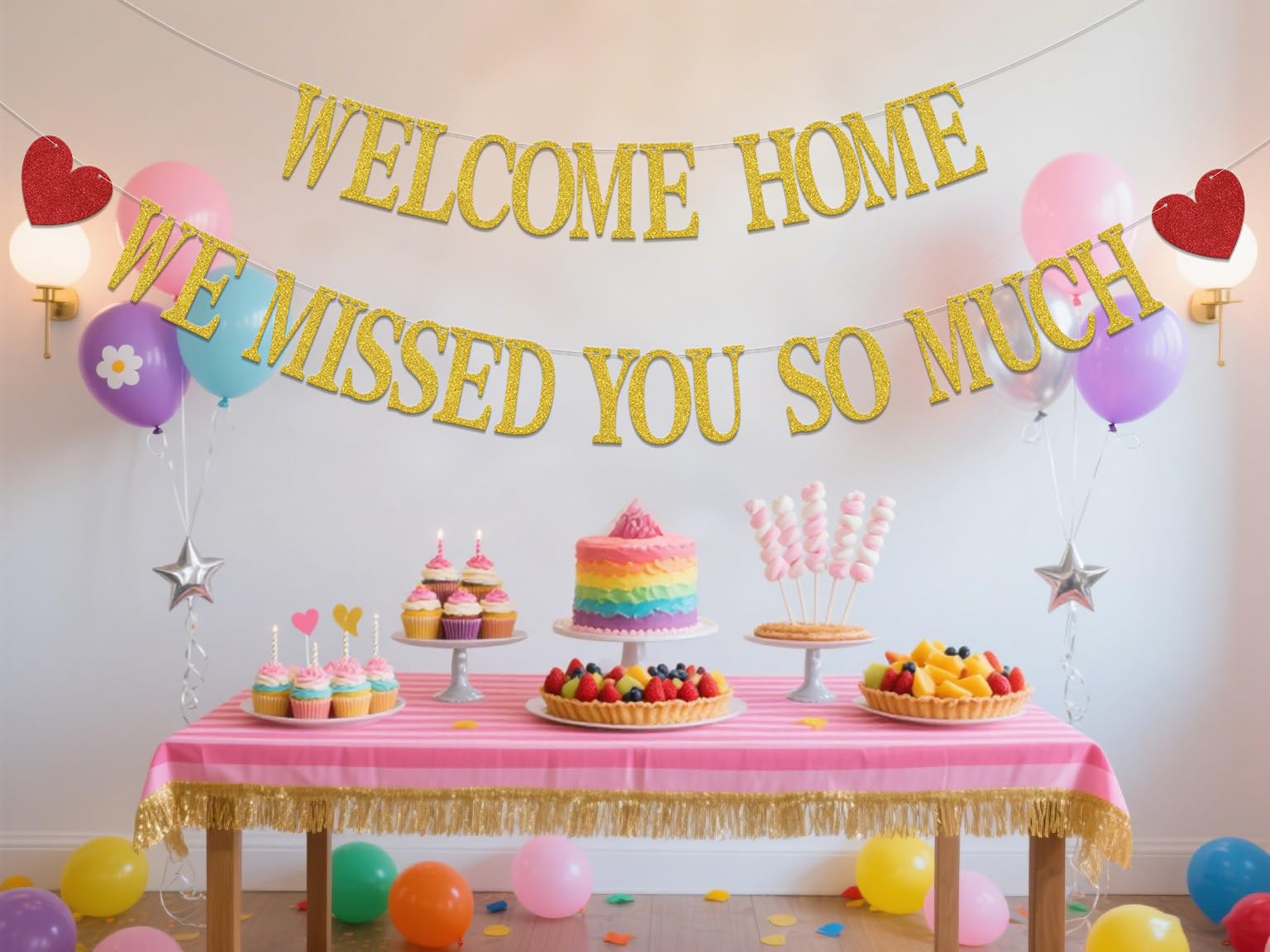 Welcome Home We Missed You So Much Banner,Welcome Back Family Party Decoartion,Homecoming Graduation Party Supplies Gold Red Double-Sided - Image 3