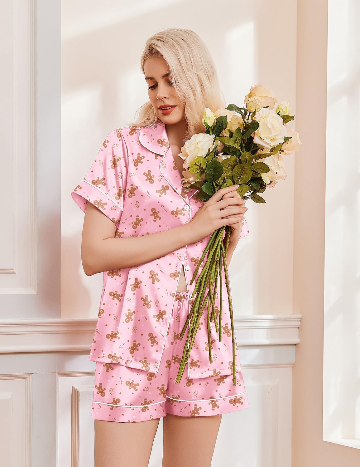 Ekouaer Womens Christmas Pajamas Silk Satin Sleepwear Holiday Matching Pjs Funny Short Sleeve Button Down Nightwear Set S-XXL