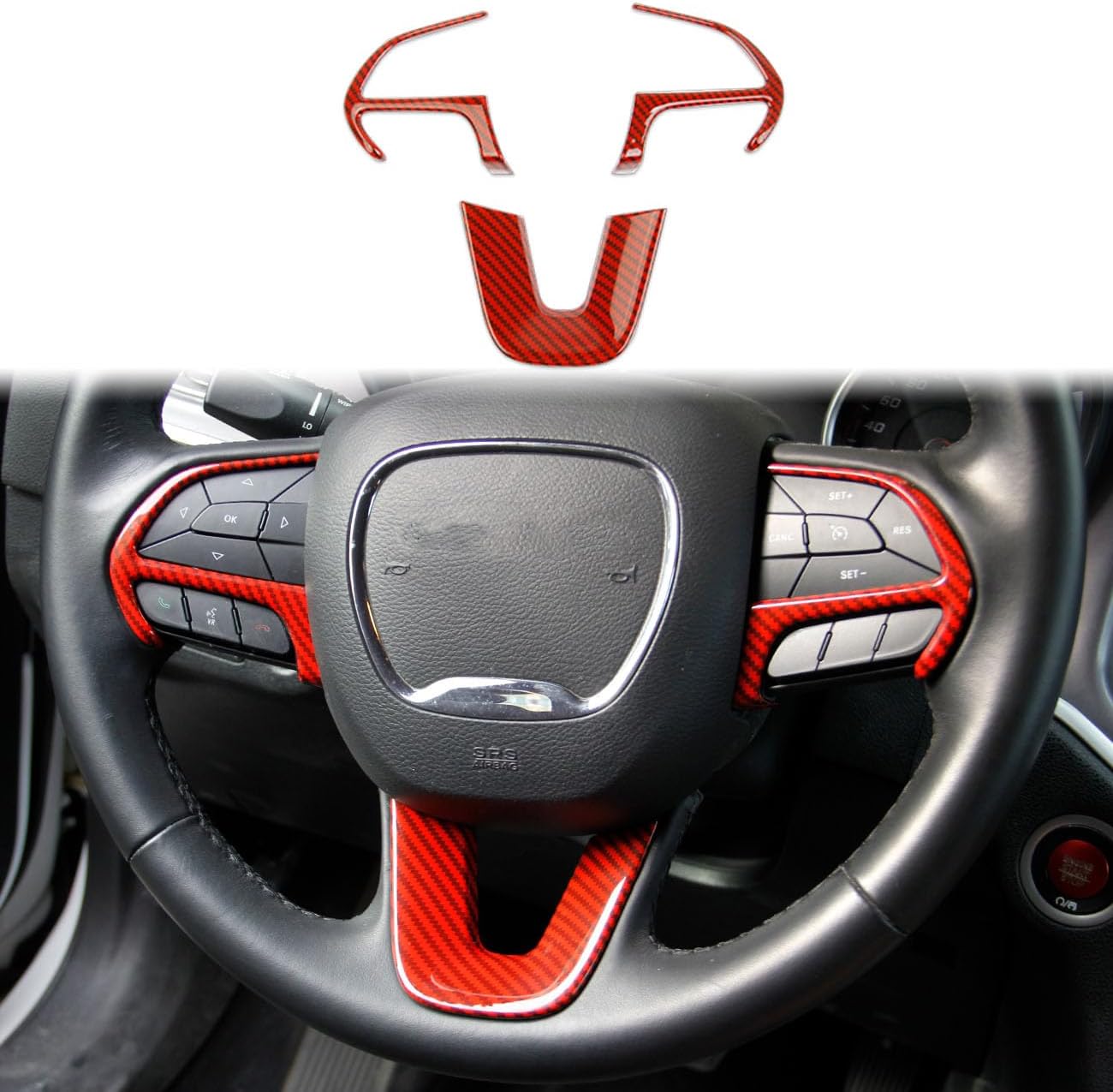 Crosselec Carbon Fiber Steering Wheel Cover Trim Bezels Accessories for Dodge Charger Challenger 2015+ (red Carbon Fiber)