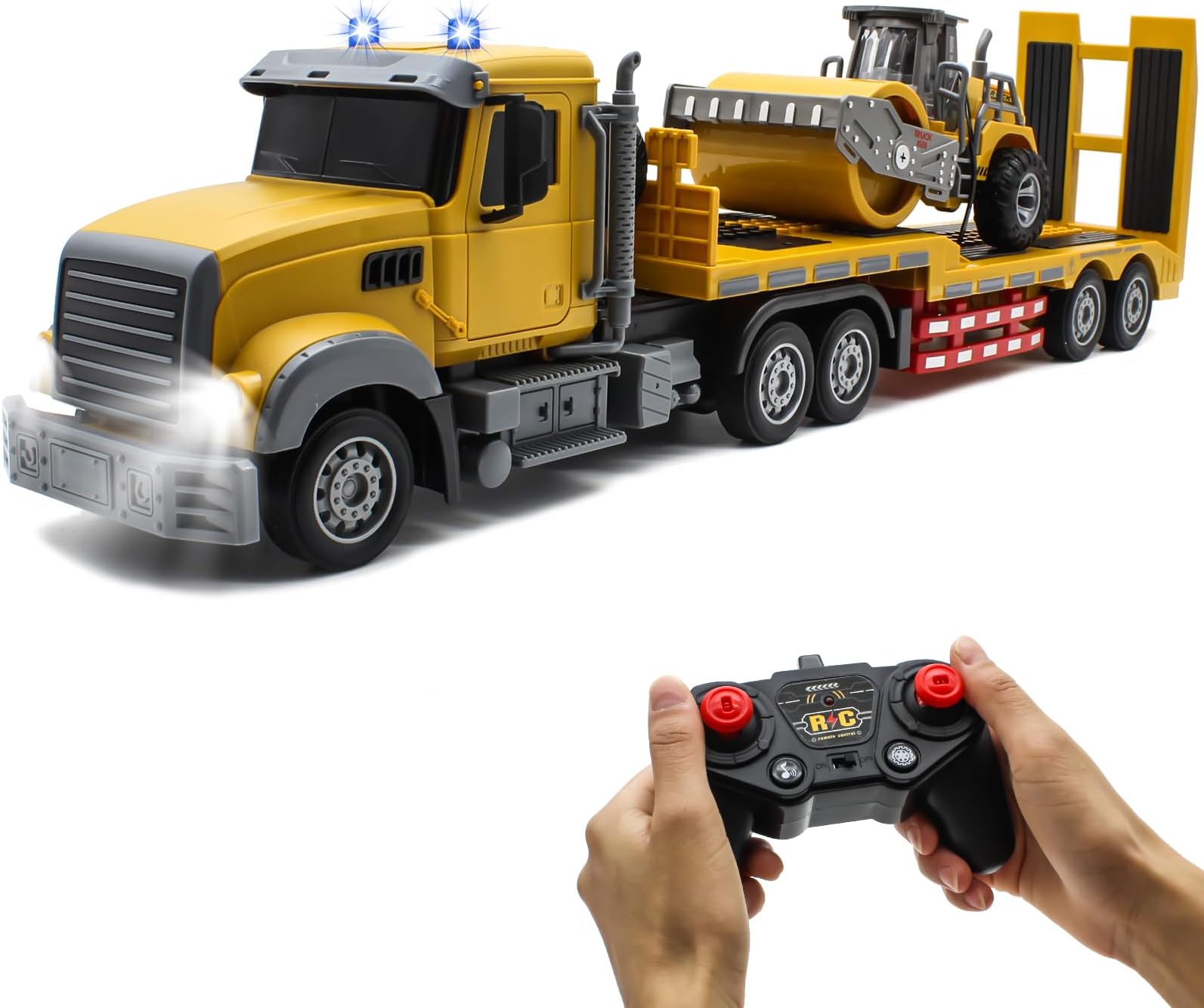 Fistone RC Semi Truck with Trailer, 1:24 RC Semi-Trailer Engineering Tractor with Sound and Lights, 2.4Ghz Remote Control Flatbed Truck with Road Roller Toys, Construction Vehicles Toy for Boys