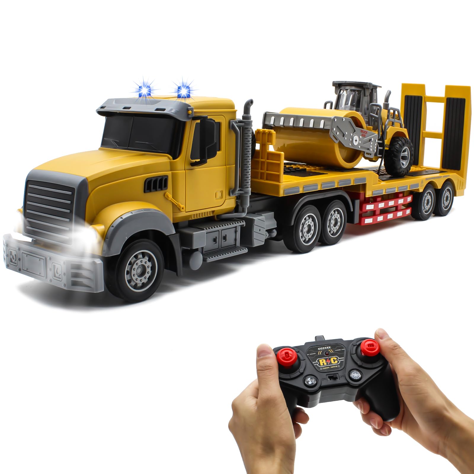 fisca RC Semi Truck mit Anhänger, 1:24 RC Sattelauflieger Engineering Traktor mit Sound und Lichtern, 2.4Ghz Ferngesteuerter Pritschenwagen mit Straßenwalze Baufahrzeugspielzeug für Jungen und Mädchen