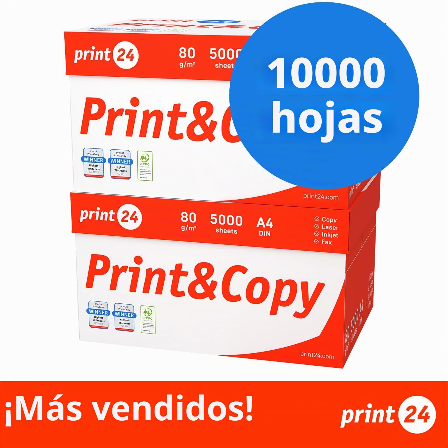 Papel multiusos para impresora, Folios A4, 80g, 10.000 Hojas, 20 Paquetes de 500, Color blanco, PEFC