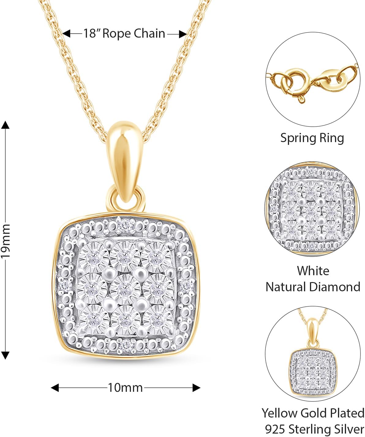 AFFY White Natural Diamond Square Shape Pendant Necklace in 14k Gold Over Sterling Silver