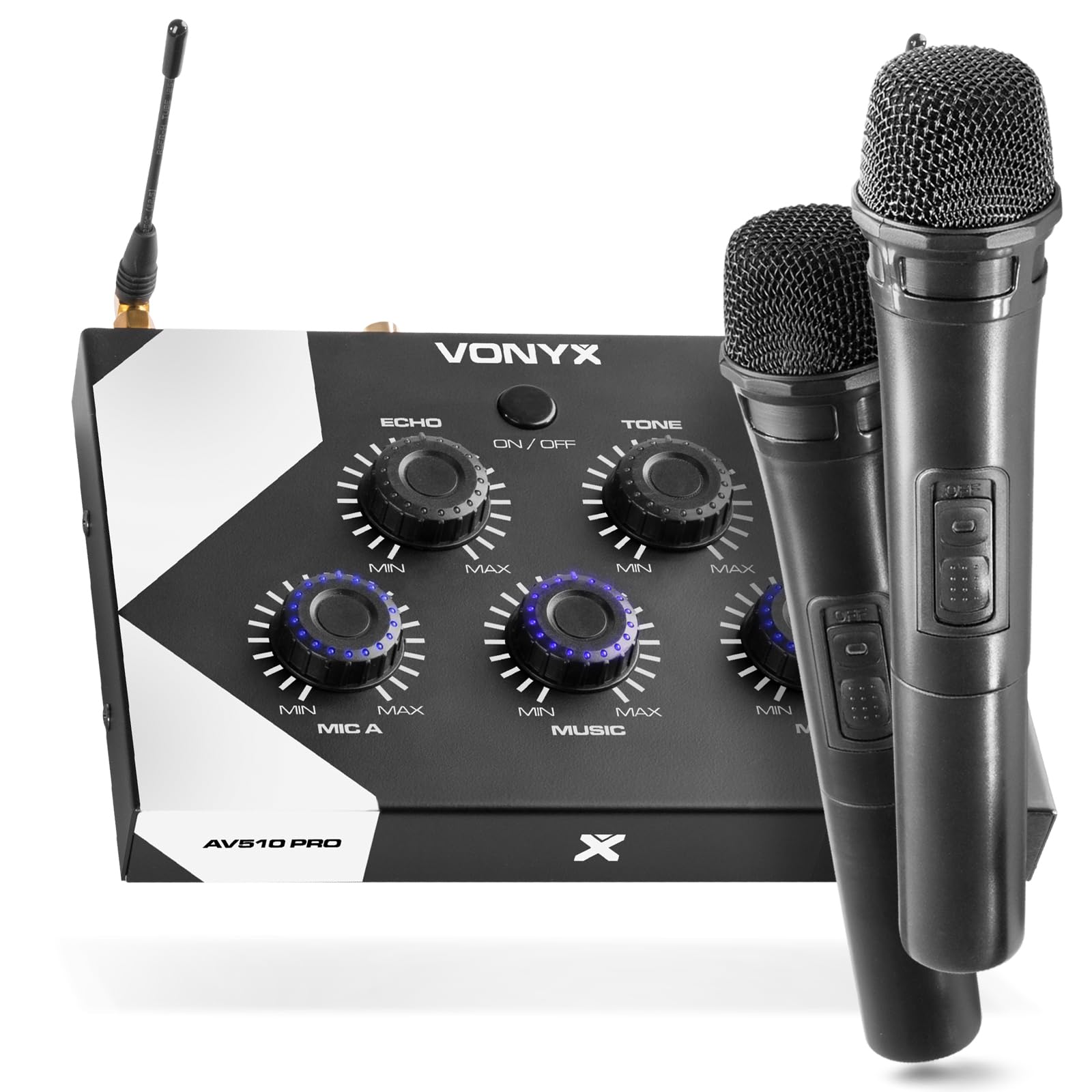 Vonyx AV510 – Pack karaoke con 2 microfonos inalambricos UHF y mixer Bluetooth con echo, controlador compatible con altavoz bluetooth o altavoz usb, 2 microfonos para niños y adultos, color negro