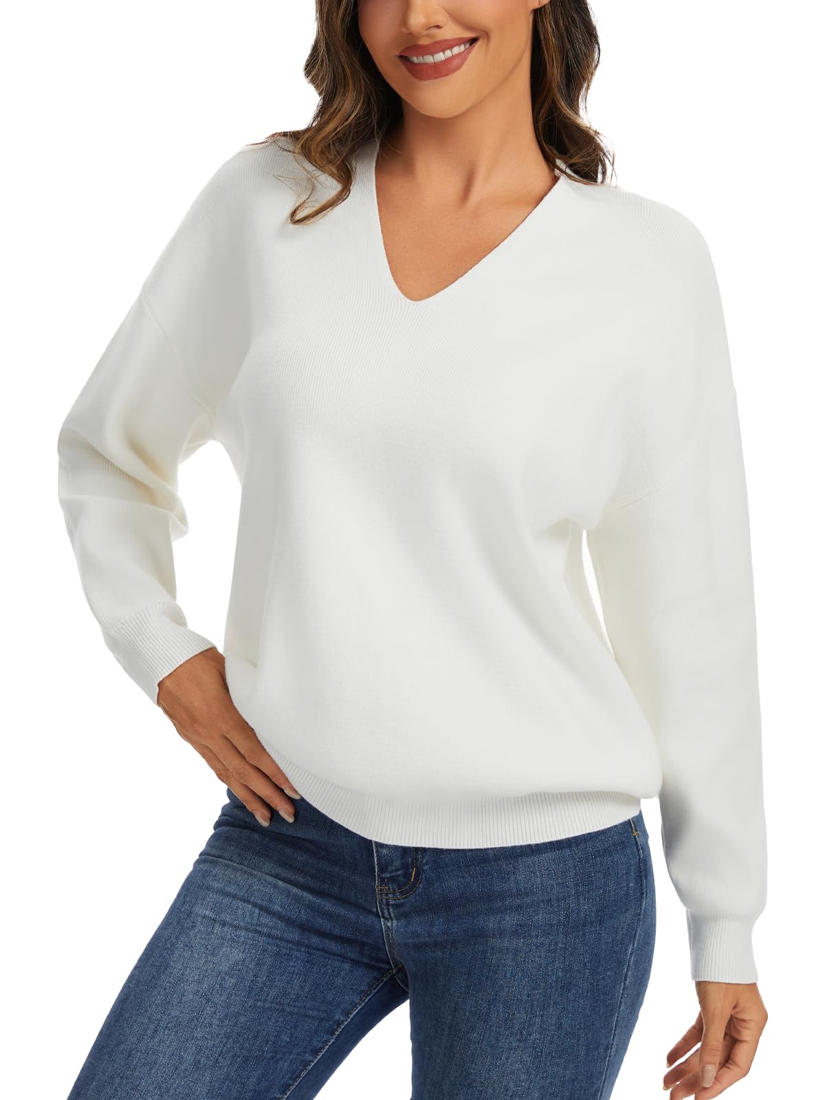 Womens V Neck Long Sleeve Sweaters Loose Fit Casual Pullover Tops Trendy Fall Clothes 2025