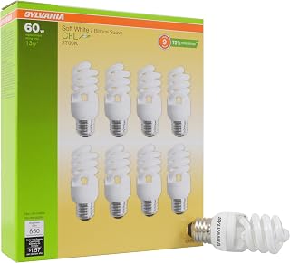 Sylvania T2 Twist CFL Bulbs 60W Equivalent 13W 850 Lumens Soft White Medium Base 2700K 8-Pack Energy Savers