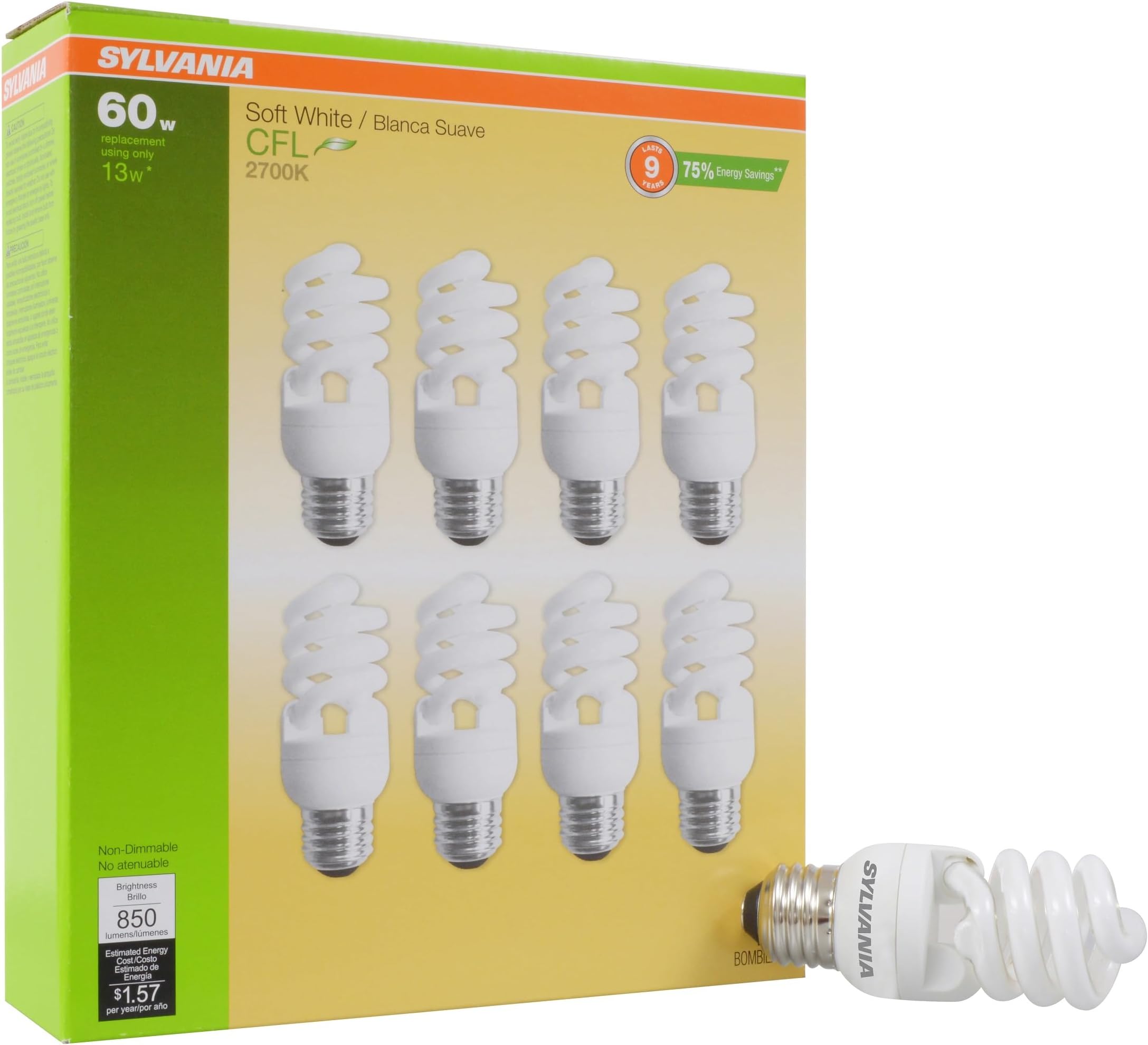 Sylvania CFL T2 Twist Light Bulb, 60W Equivalent, Efficient 13W, 850 Lumens, Medium Base, 2700K, Soft White - 8 Pack (26363)