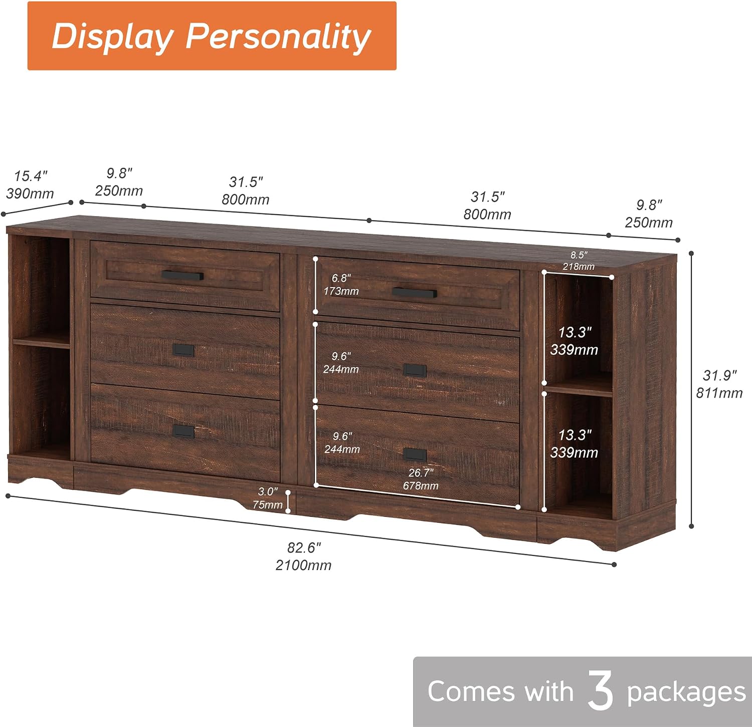 WAMPAT Modern Farmhouse TV Stand for 60-95" TVs, 82.6" Wide Media Console with 6 Drawers & Open Shelves,Tree Bark Texture Finish,Scratch-Resistant Entertainment Center for Living Room,Rustic Brown
