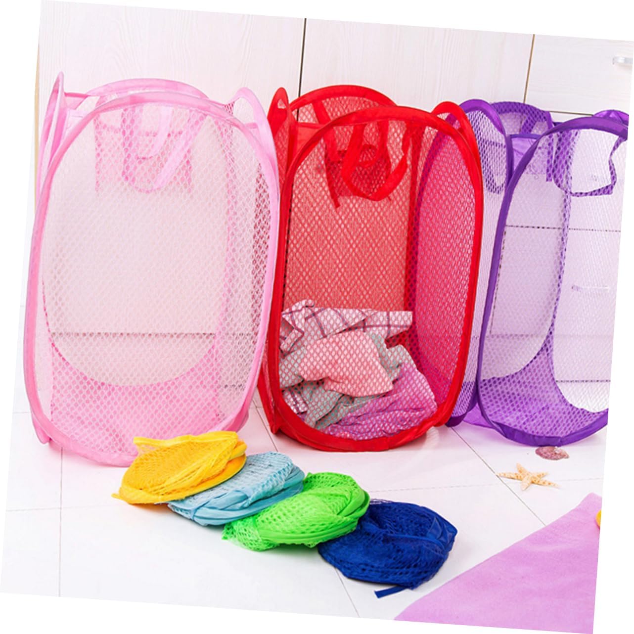 Foldable Mesh Laundry Hamper with Two Handles and Side Pocket