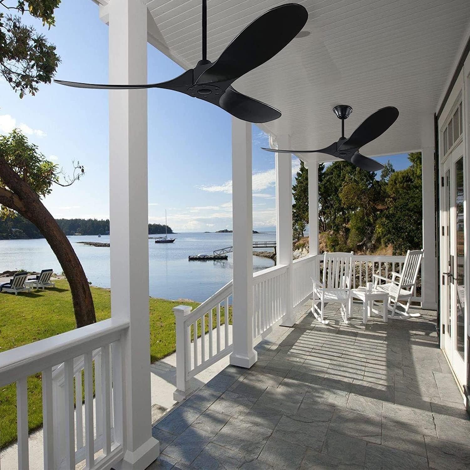 70 Inch Wood Ceiling Fan No Light, Modern Black Ceiling Fan With Remote, 6 Speeds, 3 Blade Indoor/Outdoor Low Profile Ceiling Fans with 3 Downrods for Patios Farmhouse Living Room Kitchen