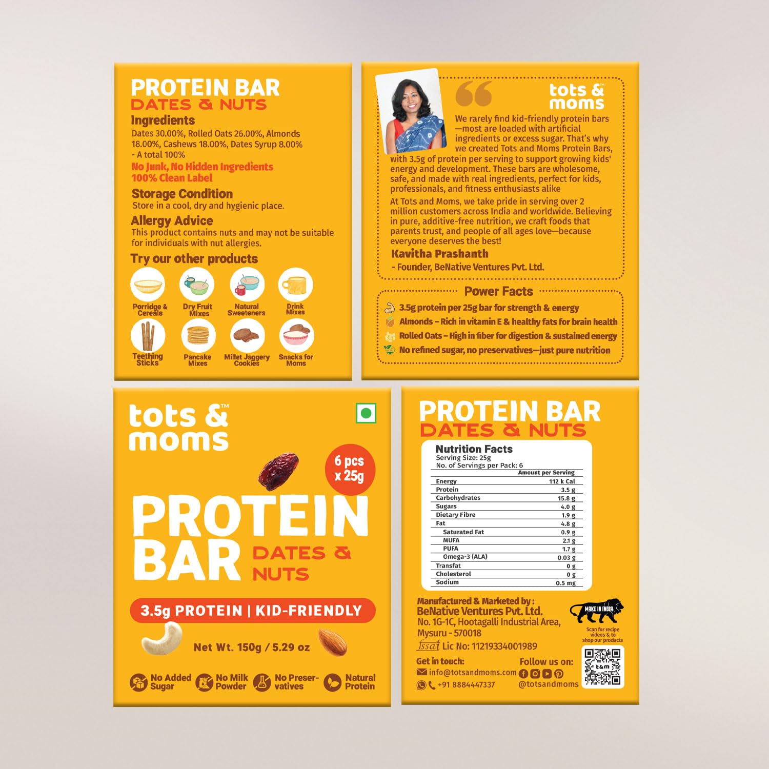 Tots & Moms Natural Protein Bars for kids - Dates, Nuts & Cranberries, Pack of 2 | 3.5g Protein per Bar | Rich in Fiber | Sweetened with Dates | (25g X 6) 150g - Each — Amazon image 2