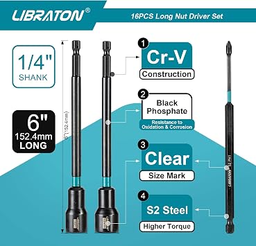 LIBRATON 16PCS Magnetic Nut Driver Set, Long Nut Drivers 6INCH, Metric&SAE | Nut Drivers for Impact Drill, Long Shank Nut Driver Bits, 1/4Hex Shank, Long Power Bits, PH1, PH2, with Storage Bag