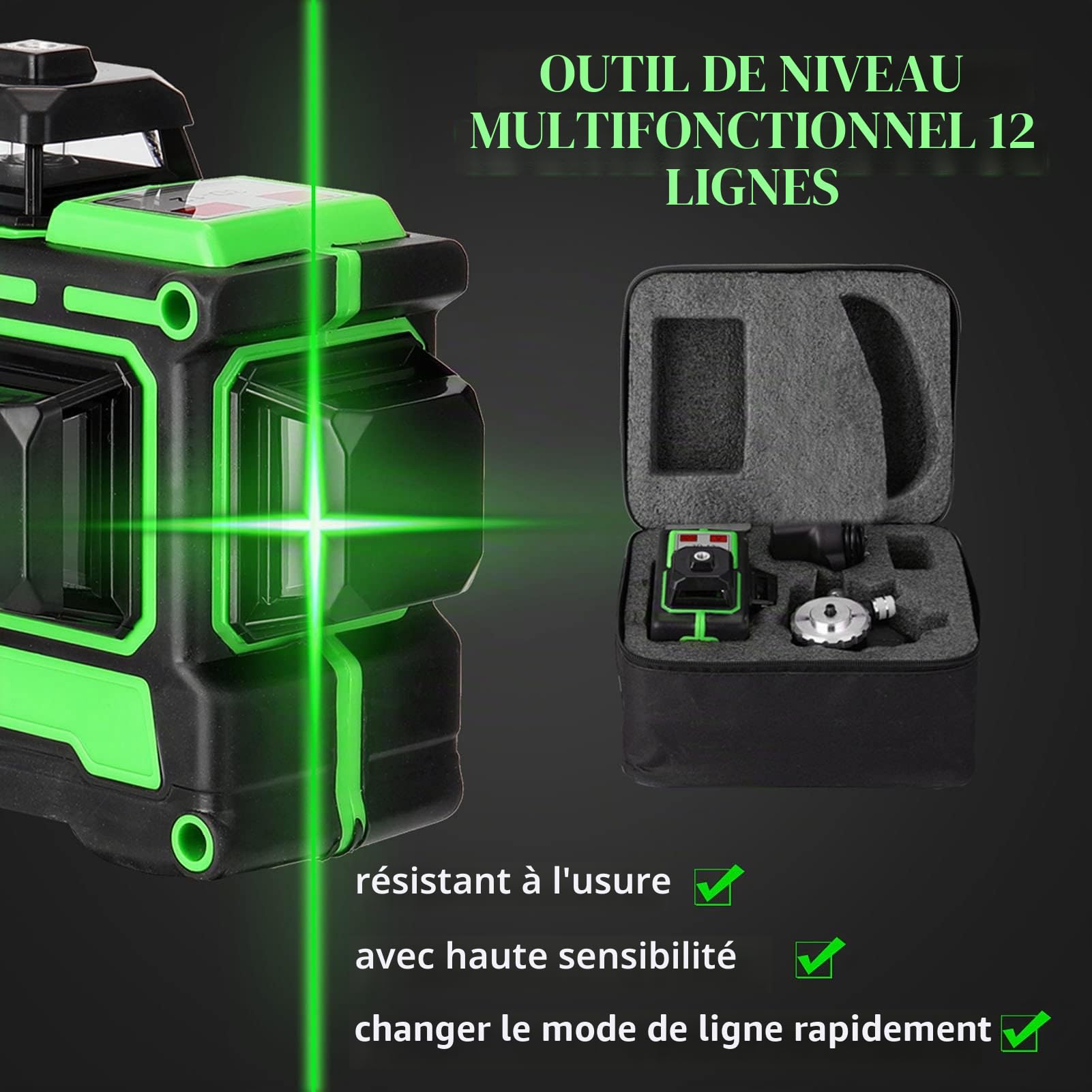 Niveau Laser Vert Autonivelant 3x360°, Rotatif 3D 12 Lignes Autonivellement Niveau Laser avec 2 Pcs Batterie, Hauteurs Réglable Barre D'extension Trépied