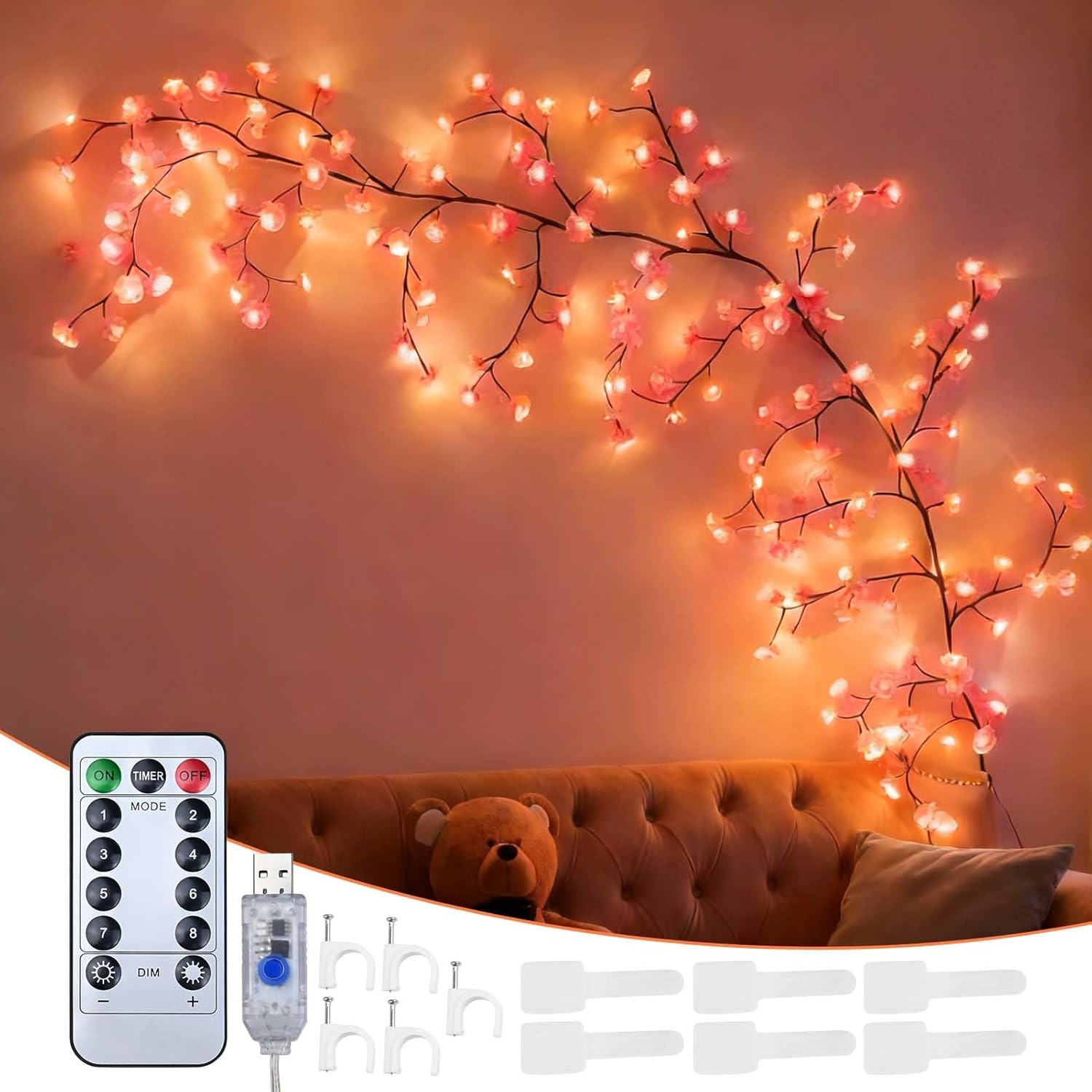Cherry Blossom Tree Branch Lights for Wall - 5.25FT 72 LED Pink Cherry Blossom Branches String Lights with Remote Control & Cable Straps, Sakura Willow Vine Tree Light for Bedroom Door Window Room