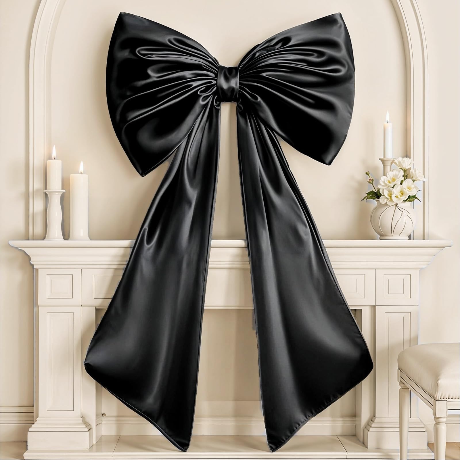 Black Bow Decor, 40 x 24 Inches Large Big Black Bow Party Decorations for Backdrop Birthday Wedding Bride, Huge Satin Ribbon Tie Hanging Wall Decor for Her (Satin, Internal Stability Layer)