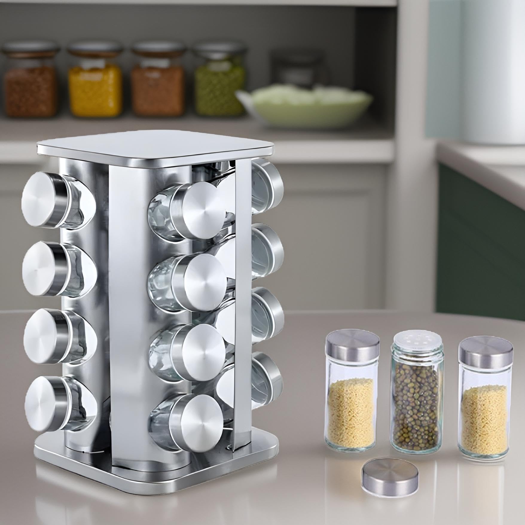Cheffinger Étagère à épices rotative avec 16 verres, rotation à 360°, en acier inoxydable, hauteur : 27,5 cm, verres de 90 ml
