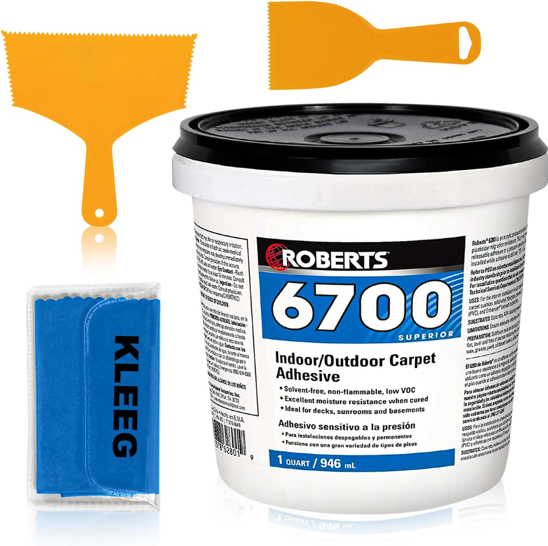 Carpet Glue Carpet Adhesive Kit - Roberts 6700 - Indoor Outdoor Rug Artificial Turf Adhesive - Deck, Sunroom, Basement, Boat, Marine + 8 and 3 inch Notched Carpet Glue Adhesive Spreader + Kleeg Packet