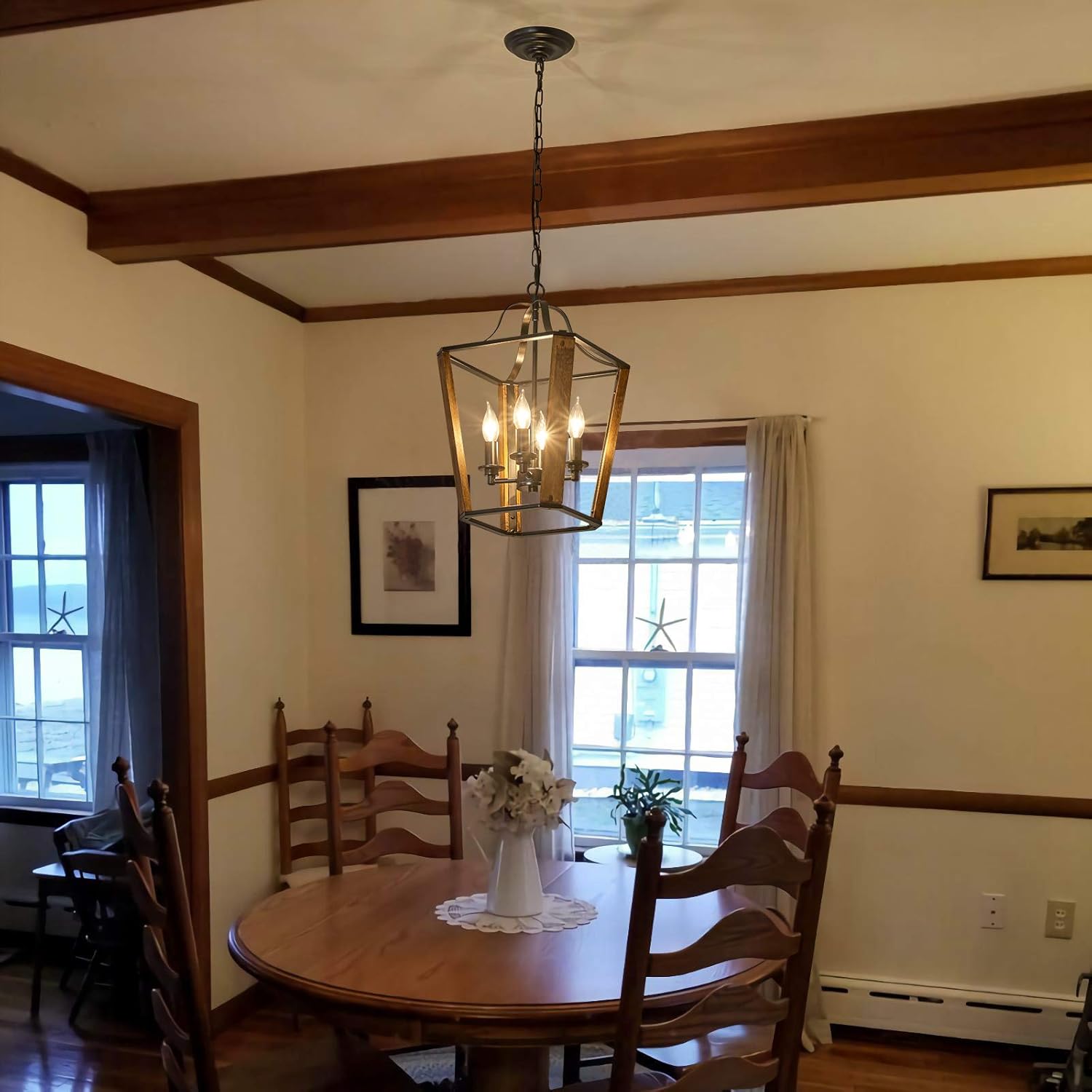 4-Light Lantern Farmhouse Chandelier, Metal Hanging Light Fixture with Wooden Grain Finish, Retro Chandelier for Kitchen Island Dining Room Table