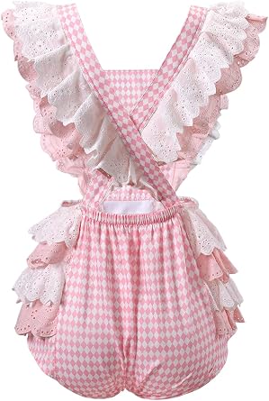 CutiePlusU Cotton Button Crotch Bodysuit Onesie Pajamas- Lace Diamond Check Overalls