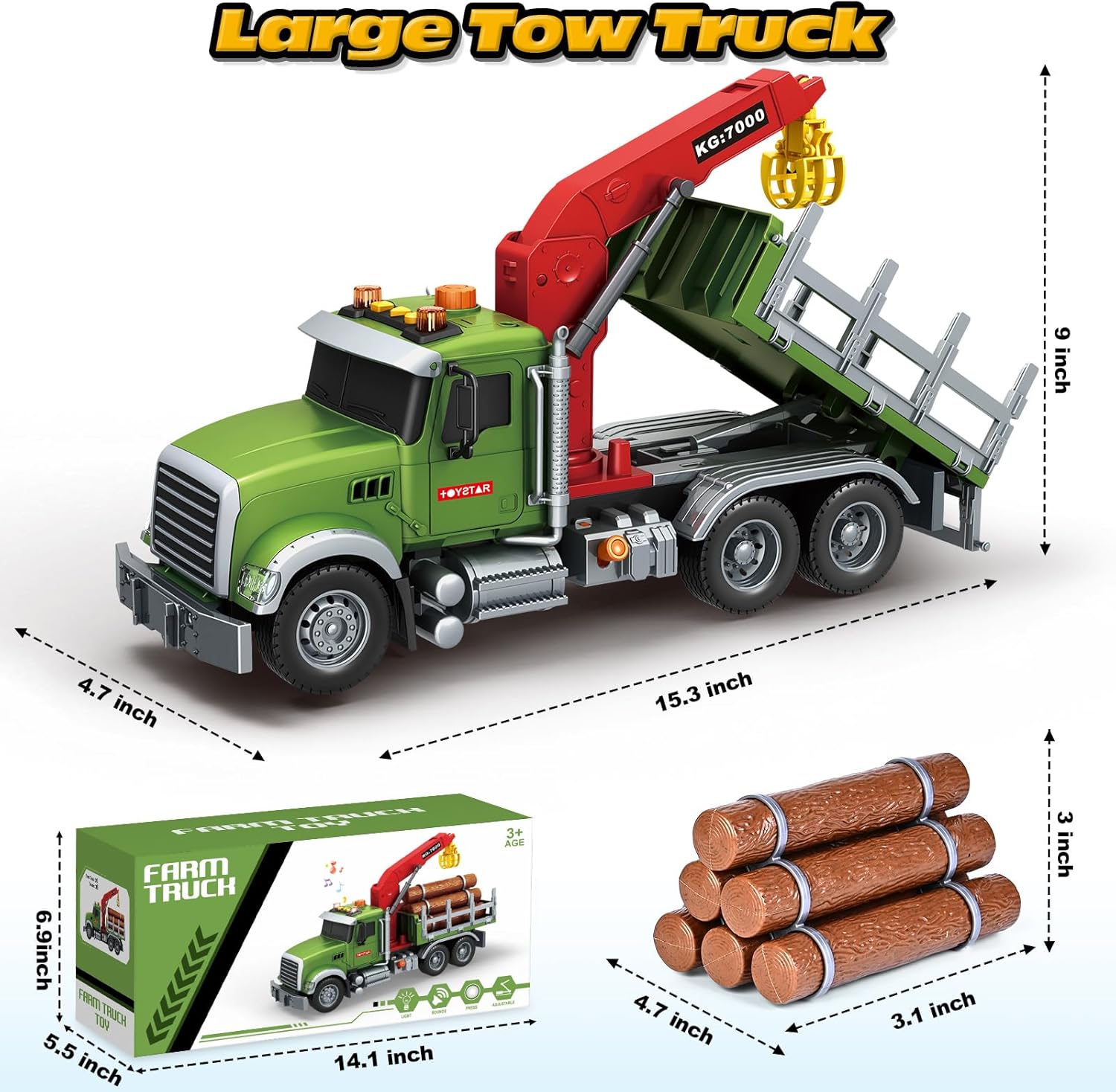 Bstoyder Kids Toys for 3 4 5 6 7 8 Years Old Boys, 15" Farm Logging Truck Toy with Loading Crane and 6 Trunks, Lights, Sounds, Toddler Friction Powered Truck Vehicle Toy for Boys Girls Birthday Gifts