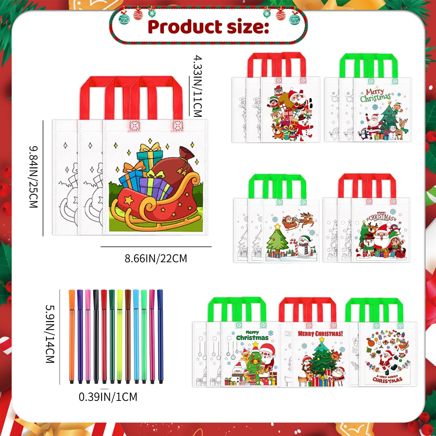 24pcs Large Christmas Coloring Canvas Bag, 9.84''*8.66'' Xmas Color Your Own Tote Bags Christmas Coloring Reusable Goodie Candy Treat Bags with 12pcs Coloring Pencils for Xmas Party Decorations