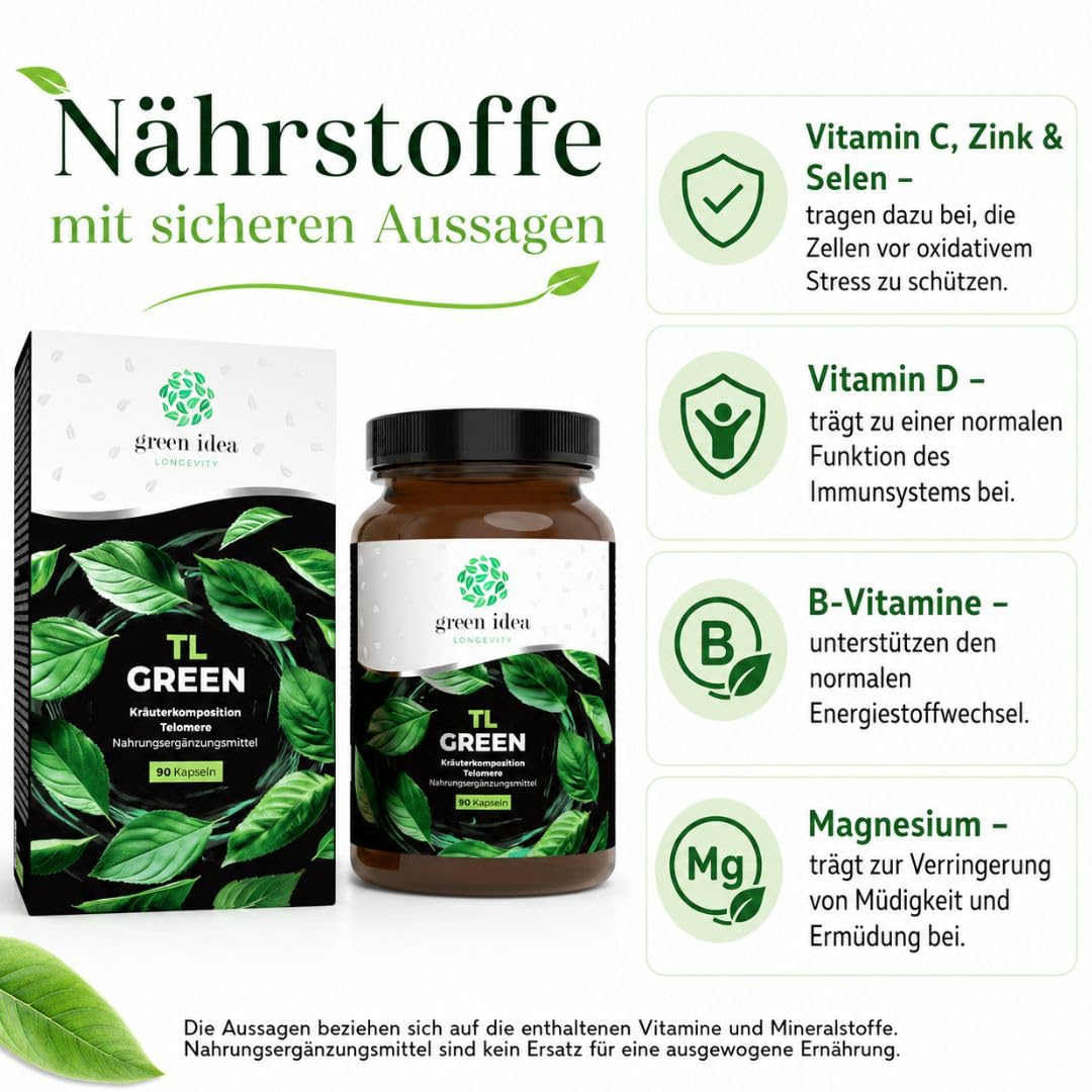 Green idea LONGEVITY TL GREEN Kapseln 90 Stück – Longevity Komplex mit Grüntee Extrakt, Astragalus, Resveratrol, Rhodiola, Selen, Zink, Vitamin D3 & B-Komplex – veganes Nahrungsergänzungsmittel
