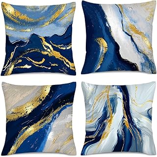 Navy Blue and Gold Throw Pillow Covers 18x18 Inches Set of 4, Modern Decorative Abstract Oil Painting Pillow Cover for Sofa Bed Chair Office Bedroom Livingroom Couch Dark Blue and Gold Decor