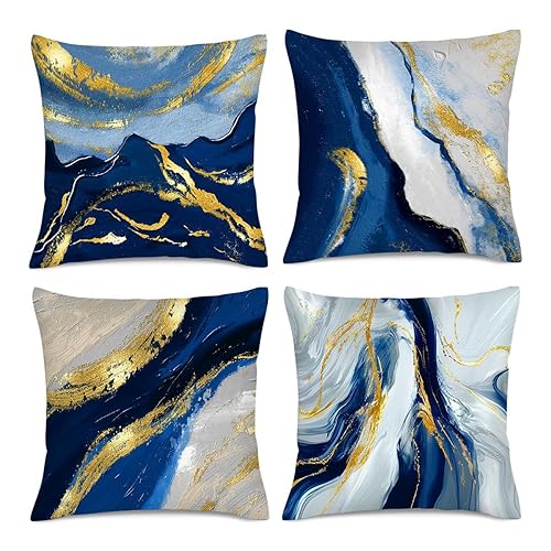 Navy Blue and Gold Throw Pillow Covers 18x18 Inches Set