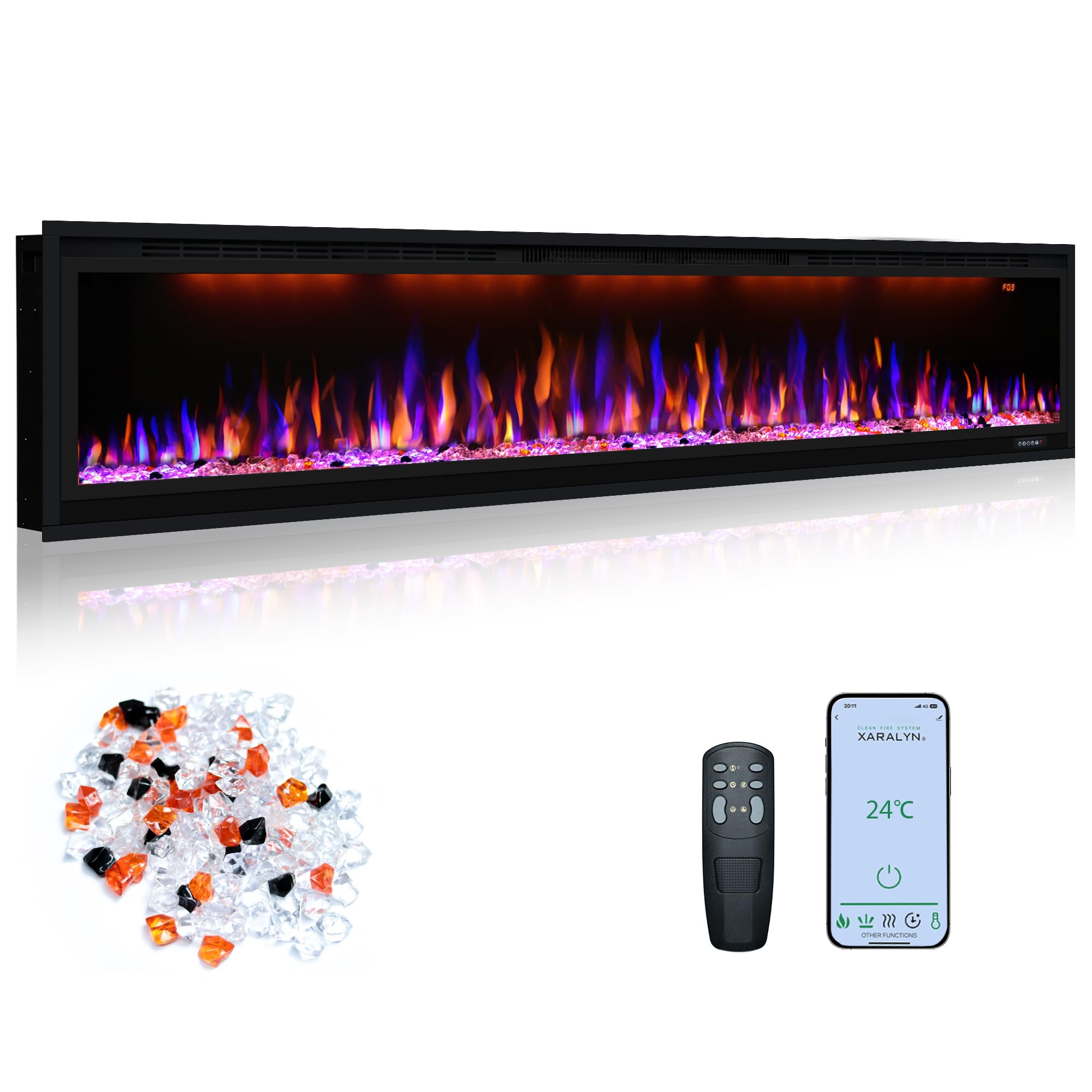 Oxhark Flame 74"/188cm Electric Fireplace, Slim Recessed & Wall Mounted Fireplace Heater w/Remote Control, Multicolor flame effects w/Realistic logs, Thermostat with Timer, 750/1500W, Black