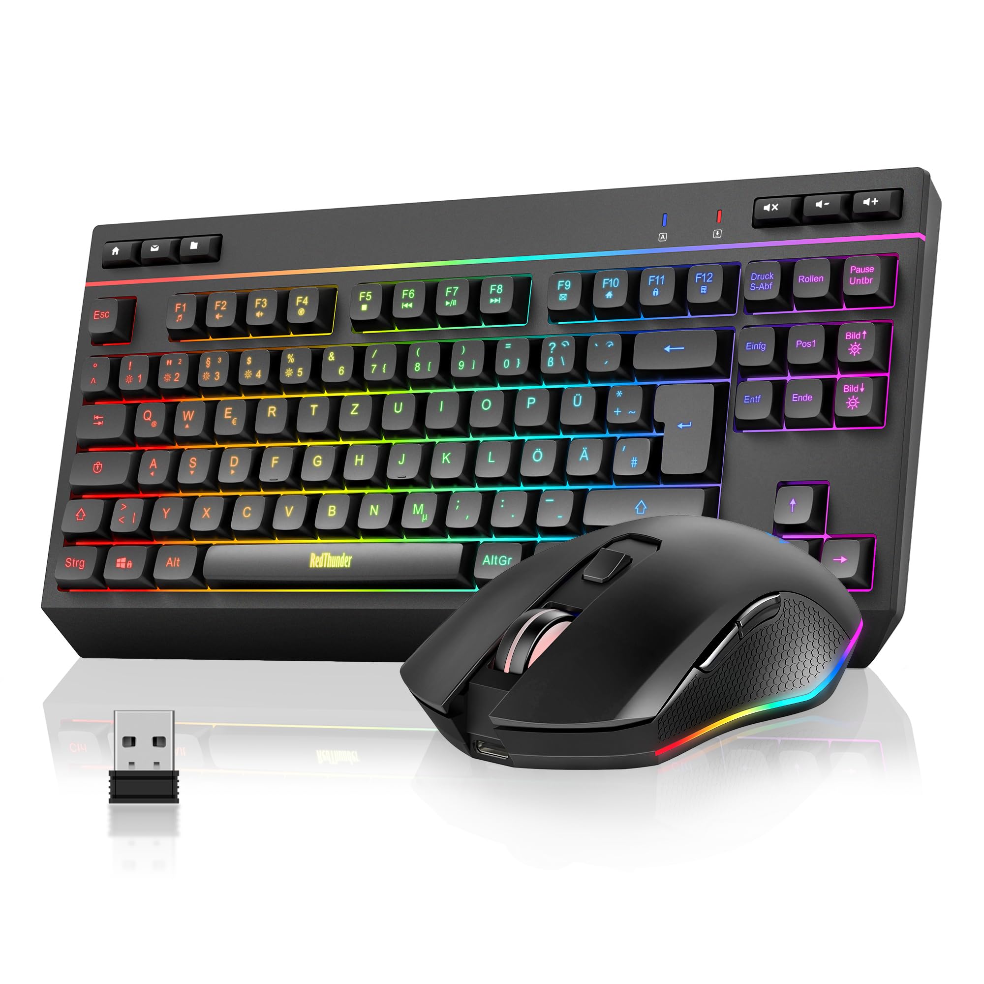 RedThunder 75% Kabelloses Tastatur und Maus Set, QWERTZ 94 Tasten TKL Layout, RGB, Wiederaufladbar Funktastatur mit Multimedia Funktionstasten, 7D Optische Maus für PC Xbox PS5, Büro (Schwarz)