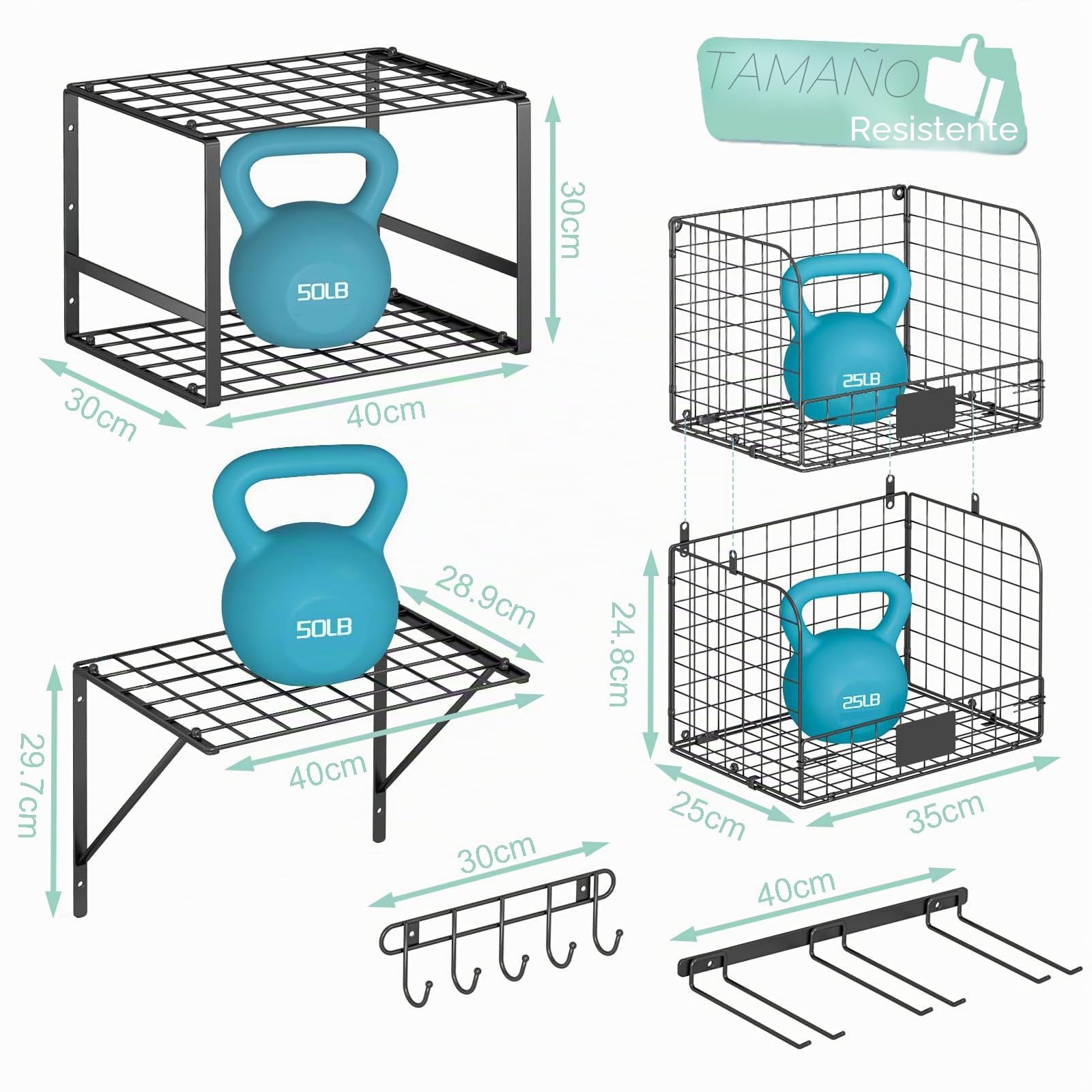 Estantes de garaje para montaje en pared con cestas de alambre, estantería de pared robusta para garaje con soporte para herramientas de jardín y ganchos, estantes de almacenamiento para casa
