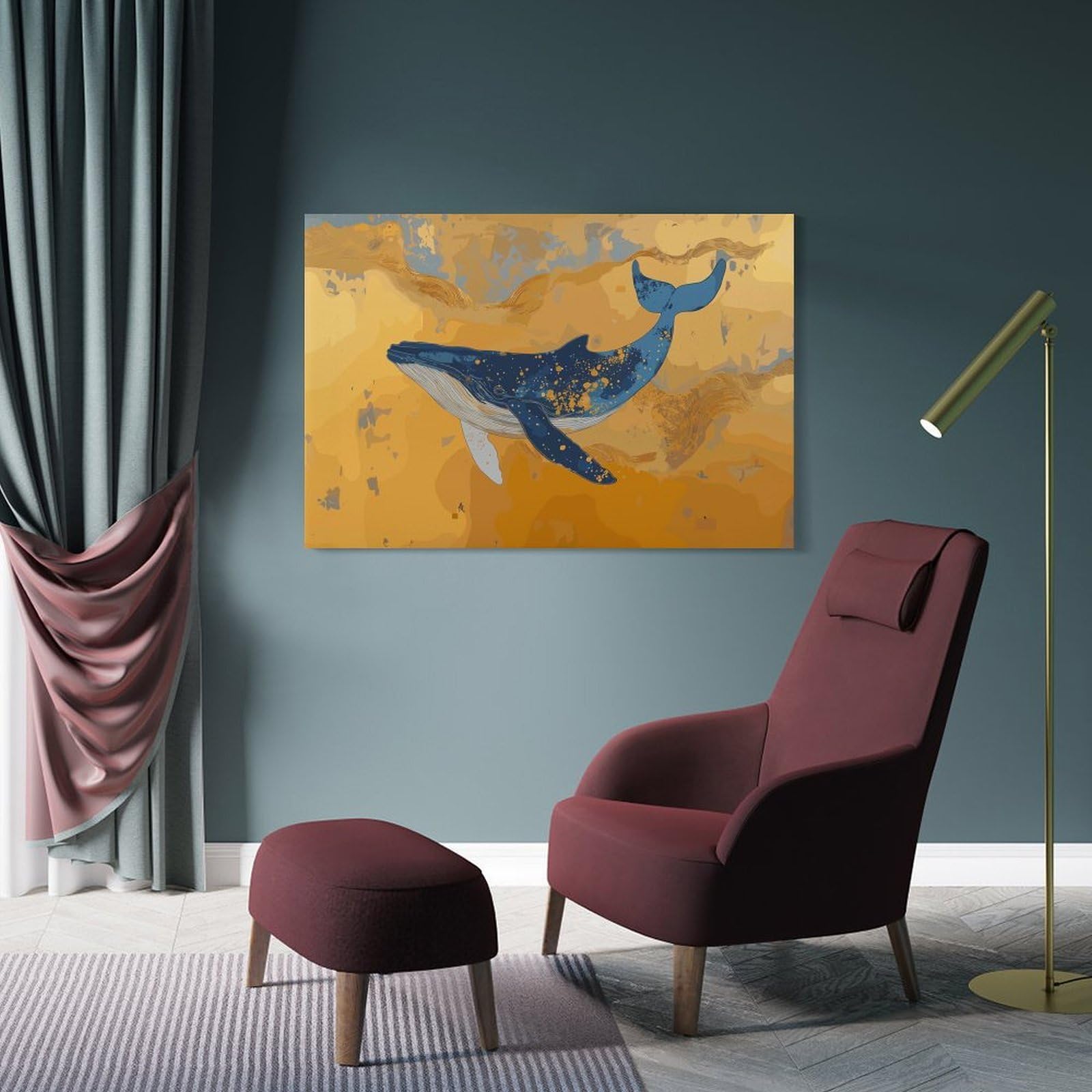 Junmoney Canvas Wall Decor Whale in Golden Sea, 08x12inch(20x30cm), for Bedroom, Guest Room Or Reading Nook, Decorative Wall Art for Cosy Rooms