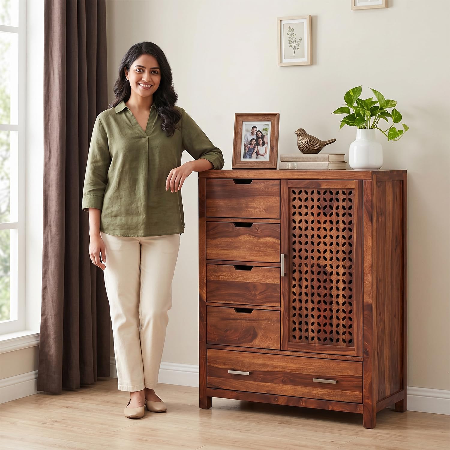Amazon Brand - Solimo Solid Sheesham Wood Truva Sideboard Cabinet with 5 Drawers & 1-Door Storage | Multipurpose Wooden Organizer Unit for Living Room, Kitchen, Hall & Crockery Storage (Honey Finish)-image-38