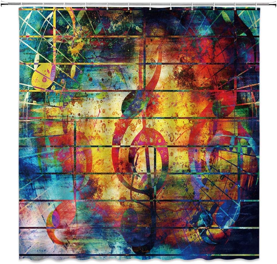 BST Music Note Shower Curtain Colorful Graffiti Creative Plank Stripes Watercolor Art Bathroom Curtains Decor Polyester Fabric Quick Drying 70x74.8 Inches Include Hooks
