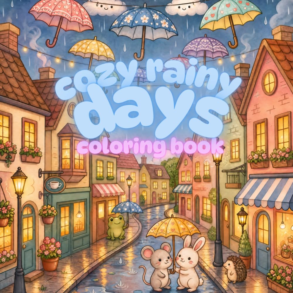 Cozy Rainy Days Coloring Book: Bold and Easy Cute Coloring Book for Adults and Teens with Cozy Rainy Animals, Hygge Moments and Relaxing Stress Relief Pages