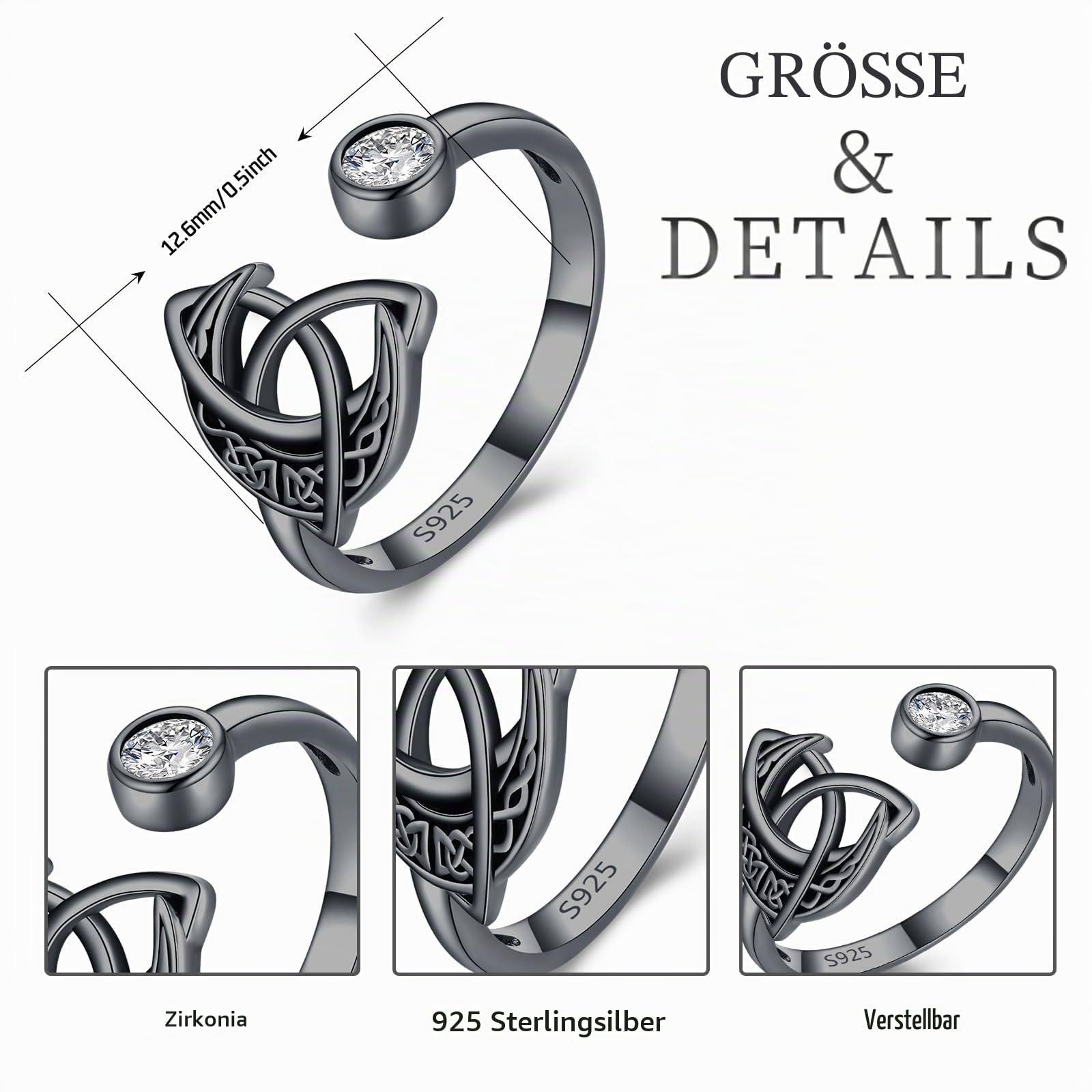 Keltischer Knotenring für Damen 925 Sterling silber verstellbarer Zirkonia Mondring irischer Schmuck schwarzer keltischer Schmuck