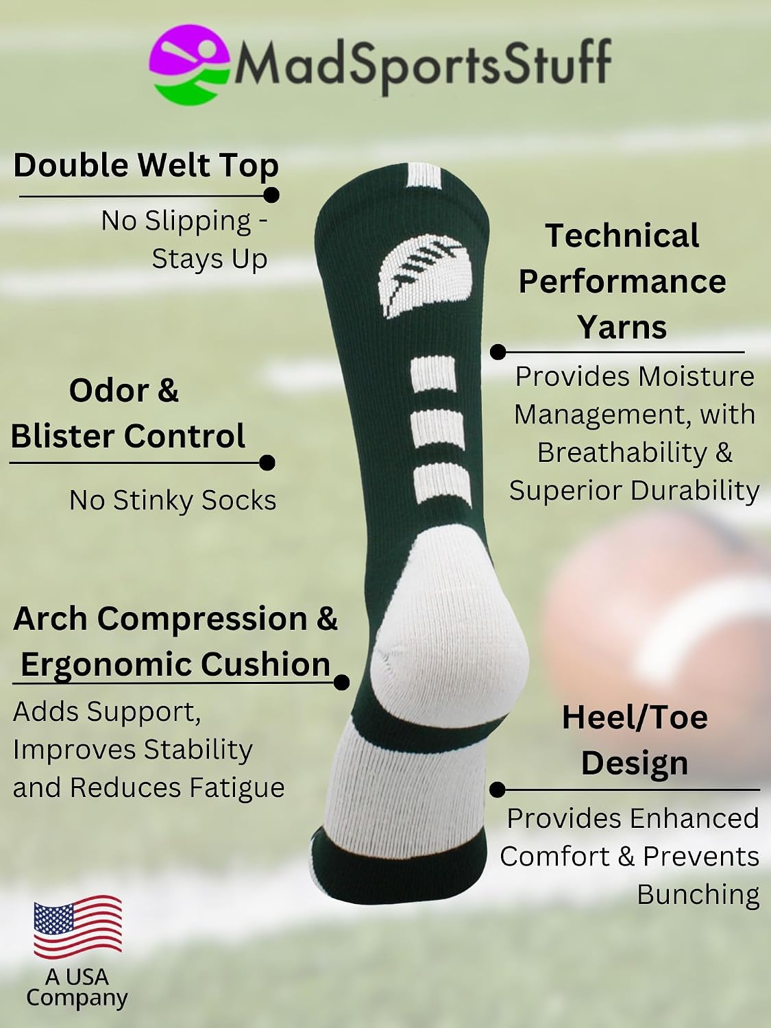 MadSportsStuff Flag Football Socks USA Made – Youth Boys, Girls & Kids Socks for Football – Moisture Wicking, Compression