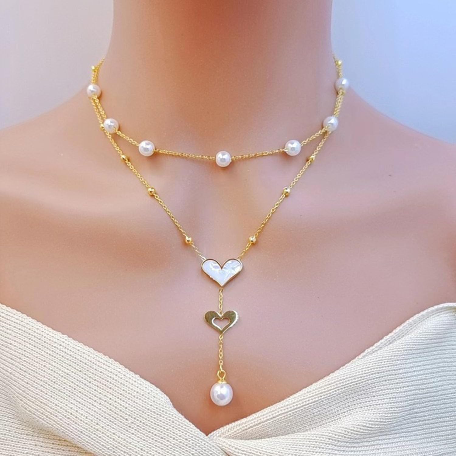 Gold Heart Layered Necklace for Women Dainty Pearl Choker Necklace Cute Heart Pearl Chain Necklace Trendy Jewelry Gifts for Women - Image 3