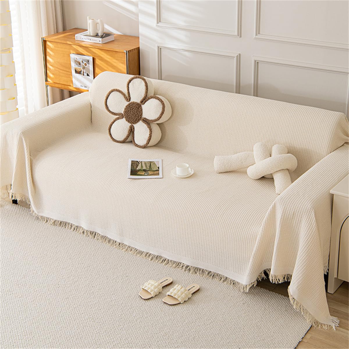 Cotton Sofas Throws Large 1/2/3/4 Seater, Bed Blanket Throws for Settees, Modern Solid Colour Non Slip Small Throw Sofa Covers King Size Blankets for Beds Double Cream Grey (Beige,180x230cm)