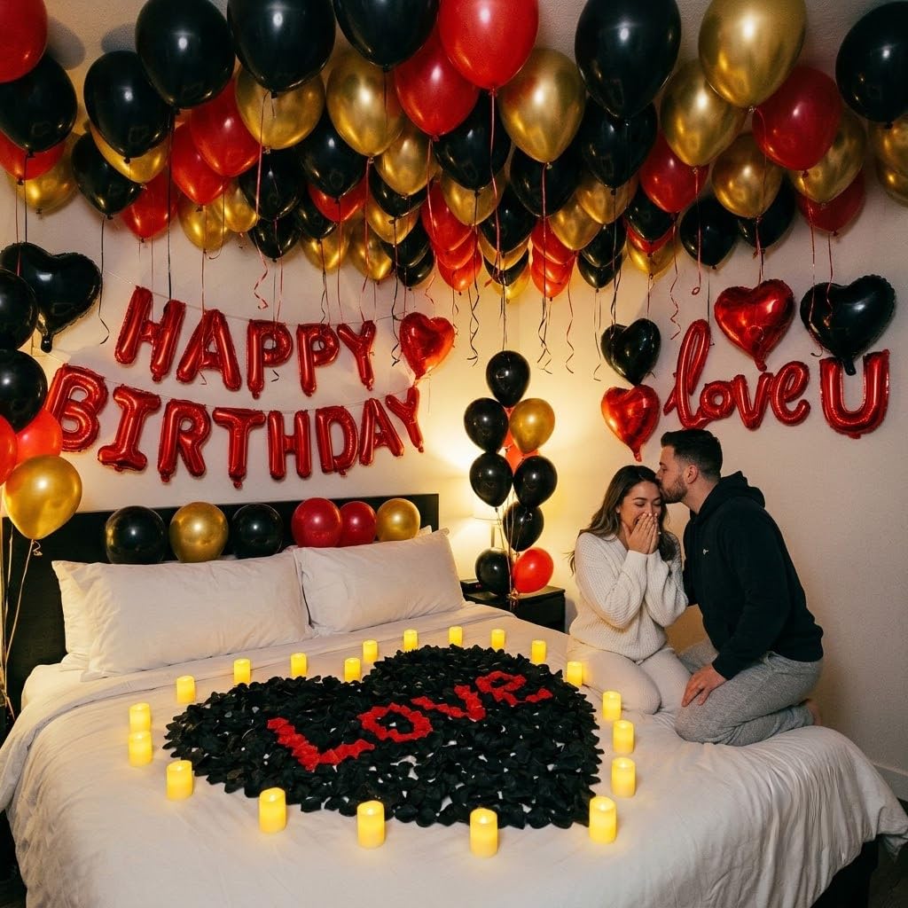 Décoration d'anniversaire rouge et noir, ballon d'amour, décorations romantiques de chambre d'hôtel, décorations d'anniversaire pour lui, elle, décoration d'anniversaire de mariage, Saint-Valentin